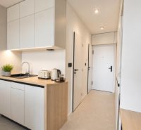 A kitchen in a 2-room apartment with white cabinets and a wooden decor.
