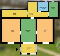 Floor plan of a family house with two rooms, a kitchen, and a storage room.