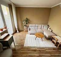 Living room of a three-room apartment with a comfortable sofa and a floor with a wooden decor.