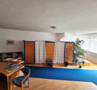 Bright interior of a 2-room apartment with a wooden decor floor and a blue carpet.