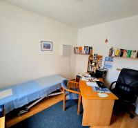 A doctor's office with a desk, chair, books, and a couch in a two-room apartment.