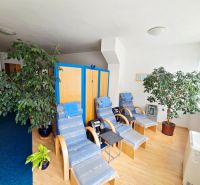 Relaxation room with loungers, wood-patterned floor, houseplants, bright atmosphere.