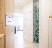 A bright hallway in a 2-room apartment with a wooden decor floor.