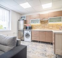 2-room apartment with a kitchen, washing machine, and appliances. Floor with a wooden decor.