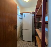 Storage room in a family house with shelves and a refrigerator.