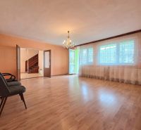 Interior of a family house with a wooden decor floor, chandelier, and large windows.