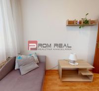 Sofa, coffee table, shelf, and plant in the interior of a 3-room apartment.