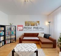 Living room in a 3-room apartment with a sofa, bookshelves, and a wooden decor floor.