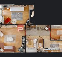 Floor plan of a 3-room apartment with furnishings and flooring in wood decor.
