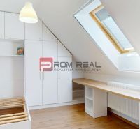 A bright attic room with a bed, a built-in wardrobe, and a floor with a wood decor.