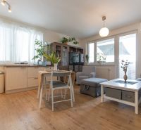 Bright living room with wood-patterned flooring, a table, and comfortable seating.