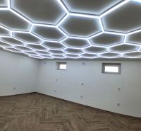 Commercial premises with a wooden decor floor and unique ceiling lighting.