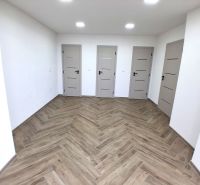 Interior of commercial premises with three doors and a wooden decor floor.