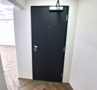 Black doors in commercial premises with wood-patterned flooring and white walls.