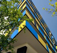 The colorful facade of a modern apartment building on Tomášikova Street in Bratislava - Ružinov.