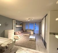 Living room in a two-room apartment with white furniture and a sofa, wooden decor flooring.