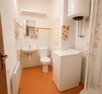 A bathroom in a studio apartment with a washing machine, toilet, and boiler.