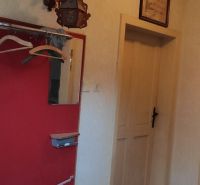 A hallway in a family house with a coat rack and doors to the rooms.
