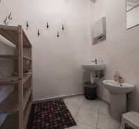 A bathroom in a 3-room apartment with sinks, a mirror, a shelf, and tiles.