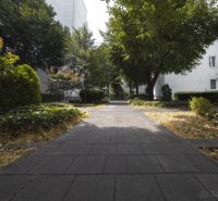 The path leads through a landscaped garden, surrounded by greenery in Bratislava - Nové Mesto on Vajnorská.