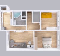 Floor plan of a 3-room apartment with wood-patterned flooring and a yellow sofa.