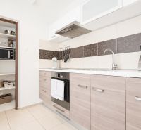 A kitchen with a cooktop and storage space in a 3-room apartment, flooring with a wooden decor.
