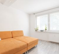 A room in a 3-room apartment with an orange sofa and a wooden decor floor.