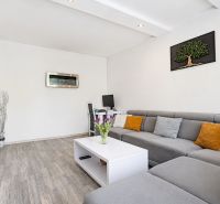 Living room in a three-room apartment with a wooden decor floor and a gray sofa.