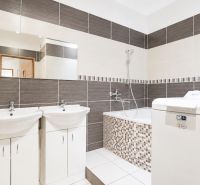 A bathroom in a 3-room apartment with a shower, bathtub, and tiles in earthy tones.