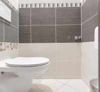 A bathroom in a 3-room apartment with white and gray tiles and light flooring.