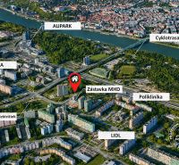 Aerial view of the Bratislava - Petržalka housing estate, Bosákova with marked locations and services.