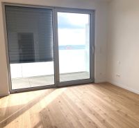 Interior of an office with wood-patterned flooring and a large window.