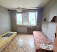 A room in a 3-room apartment with a wood-decor floor, two beds, and a window.