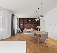 Living room in a 4-room apartment with a wooden decor floor and furniture.