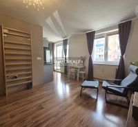 Living room in a two-room apartment with a wooden decor floor and a large window.