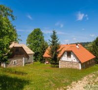 Family houses in Budiň amidst greenery with a blue sky and a rocky road.