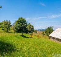 A family house in Budiná surrounded by meadows and trees under a blue sky.