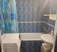 A bathroom with a bathtub, washing machine, blue tiles, and a shower curtain in a 3-room apartment.