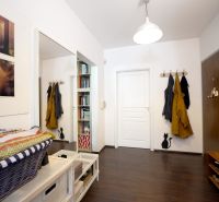 The entrance hall of a 3-room apartment with storage spaces and flooring with a wooden decor.