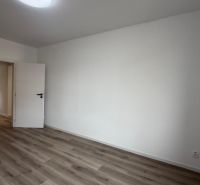 A room with white walls and a wooden decor floor in a 3-room apartment.