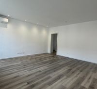 Living room in a 3-room apartment with a wooden decor floor, white walls, and air conditioning.