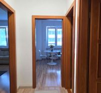 A hallway in a 2-room apartment with a wooden-patterned floor and an armchair.