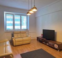 Living room in a 2-room apartment with a wooden decor floor and light furniture.