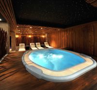 Luxury wellness in a recreational apartment with a hot tub and a floor with wooden decor.