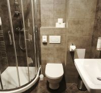 Bathroom with a shower, toilet, and sink in a holiday apartment.