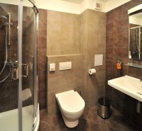 A bathroom with a shower and a sink in a holiday apartment, with dark-colored tiles.