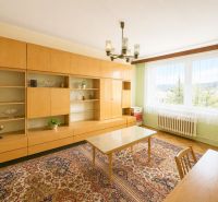Living room in a 3-room apartment with a carpet pattern and custom-made furniture.