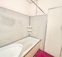 A bathroom in a 3-room apartment with a bathtub and mats on the floor.