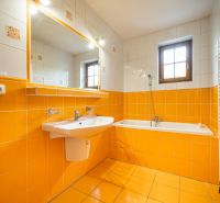 A bathroom in a family house with orange and white tiles, a window, and a mirror.