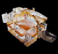 3D model of a family house with a wooden decor floor and an exterior view.